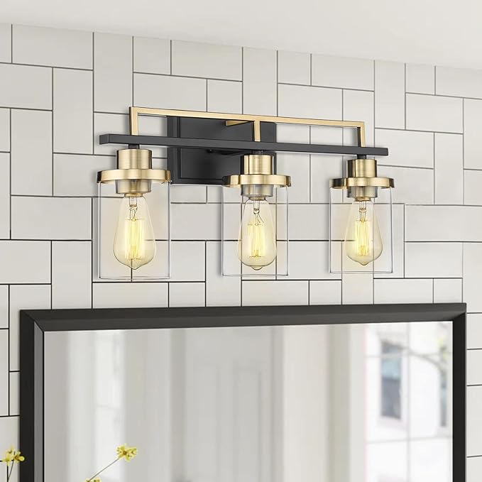 Emliviar 3-Light Bathroom Vanity Light Fixtures - Black and Gold Finish with Clear Glass, YCE238B-3W BK+BG