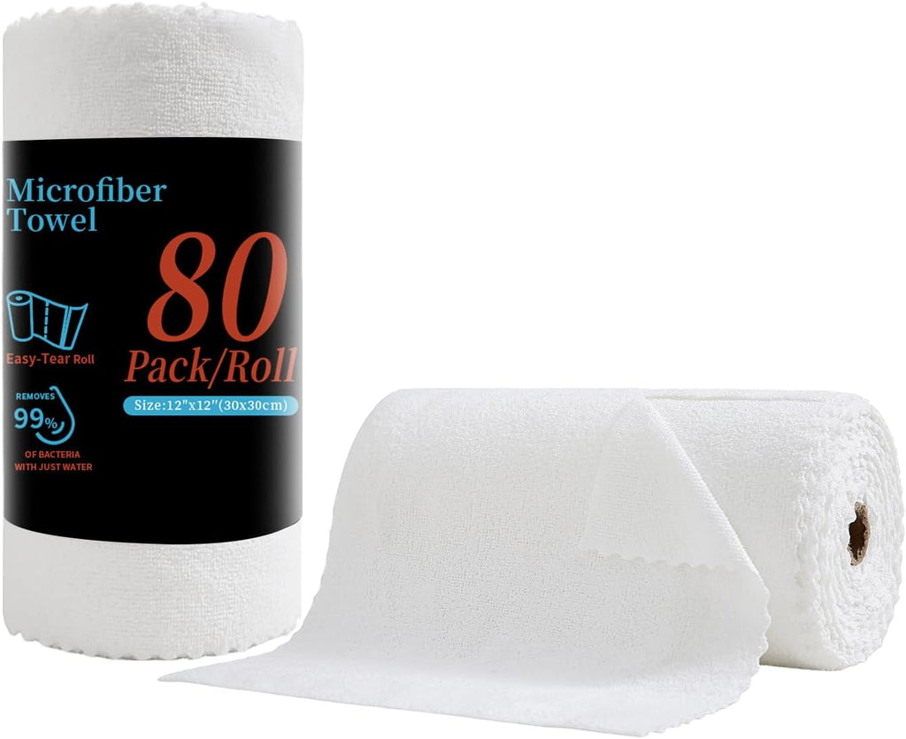 80 Pack Microfiber Cleaning Cloth Roll,Lint Free Rags & Tear Away Reusable Towels Washable Scratch,Ultra Absorbent Dish Rags(12" x 12") for Car Kitchen Home Garage-White