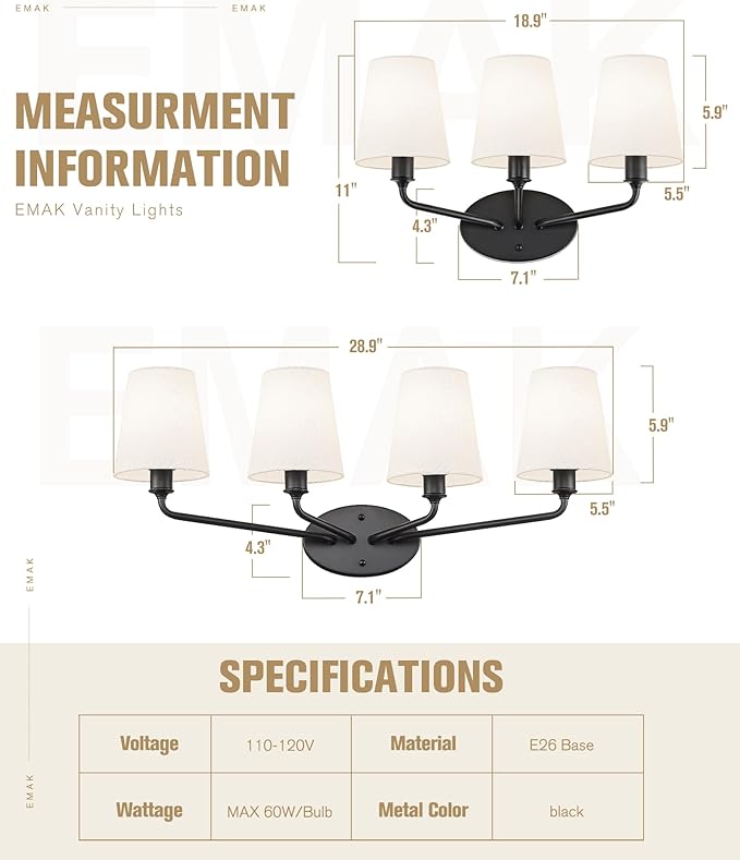 Emak 4-Light Bathroom Vanity Light, 29 Inch Black Bathroom Light Fixtures with Flared White Fabric Shade, Modern Farmhouse Wall Sconce for Bath, Hallway, Bedroom, VL132-BK-WF-4