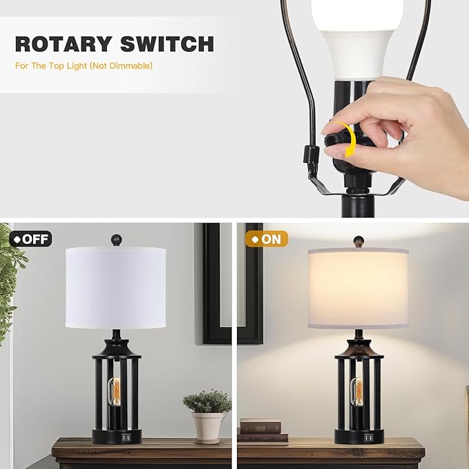 Black Living Room Lamps Set of 2, 3 Way Dimmable Touch Control Farmhouse Table Lamps with 2 USB Ports, Retro Bedside Lamp with 2 LED Nightlight,Rustic Bedroom Lamp for Nightstand(4 LED Bulbs Included)
