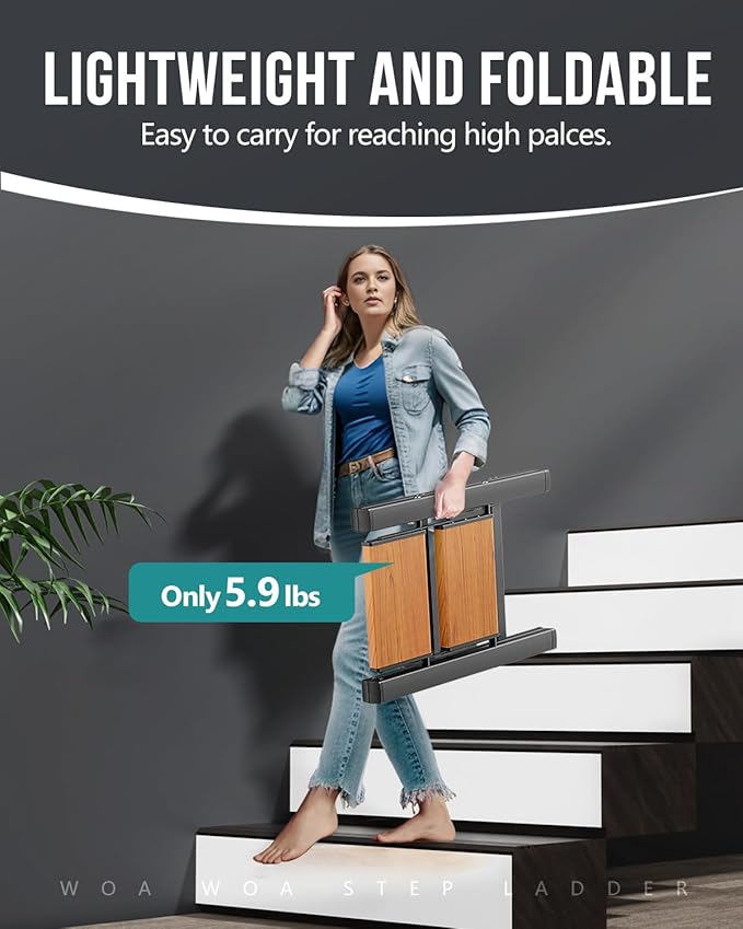 WOA WOA Step Ladder, Widening Pedals for Extra Balance, Lightweight Step Stool, Easy to Move Around, Foldable Ladder, Space Saving, Anti-Slip Stepladder 300 lbs Capacity (2 Step, Black & Wood Grain)