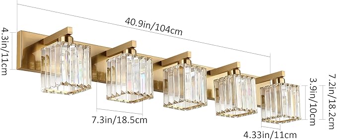 Aipsun Bathroom Vanity Lights Fixtures Crystal Vanity Light 5 Light Modern Brass Bathroom Lighting Fixtures (Exclude Bulb)