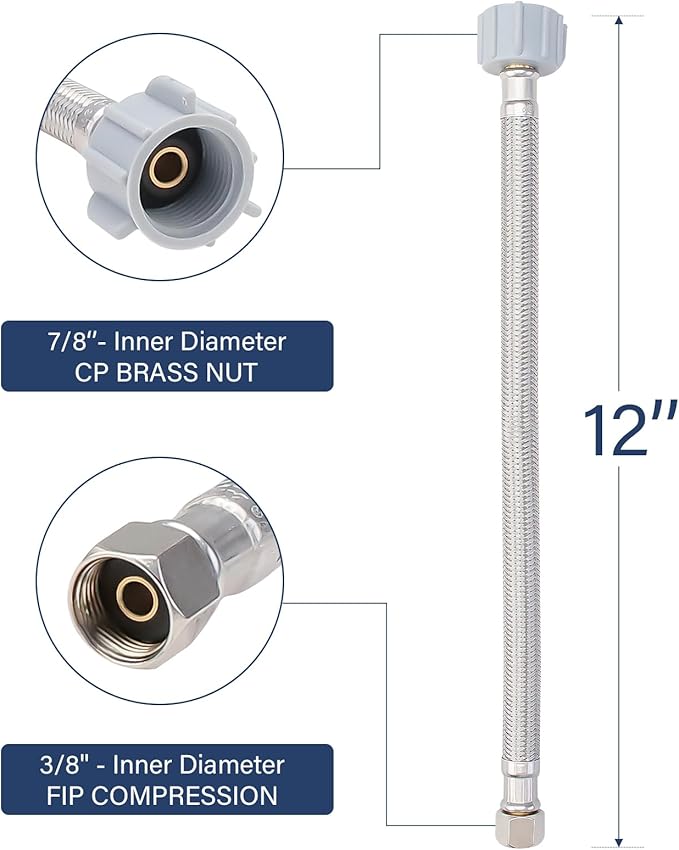 12 Inch Flexible Toilet Connector, 7/8" Ballcock x 3/8" Compression Stainless Steel Braided Toilet Hose Supply Line for Toilet Hose Replacement