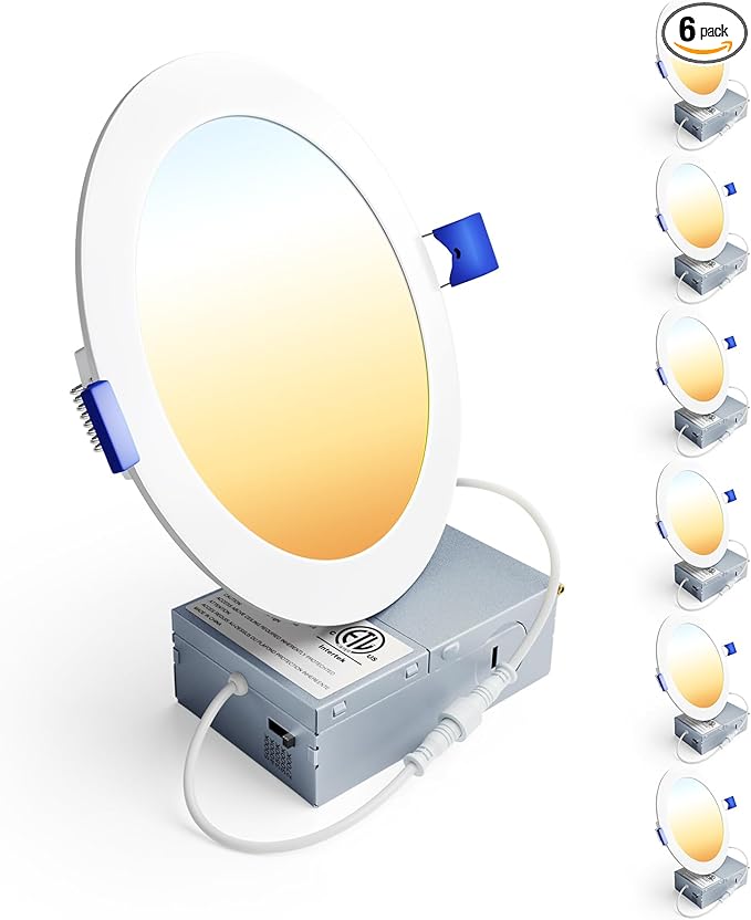 Ensenior 6 Pack 6 Inch LED Recessed Light, Dimmable, 2700K-5000K 5CCT, 1200LM High Brightness, 12W 120V, Damp Rated, ERL-12X-ETL, Ultra-Thin Canless Wafer Ceiling Light - ETL & FCC & IC
