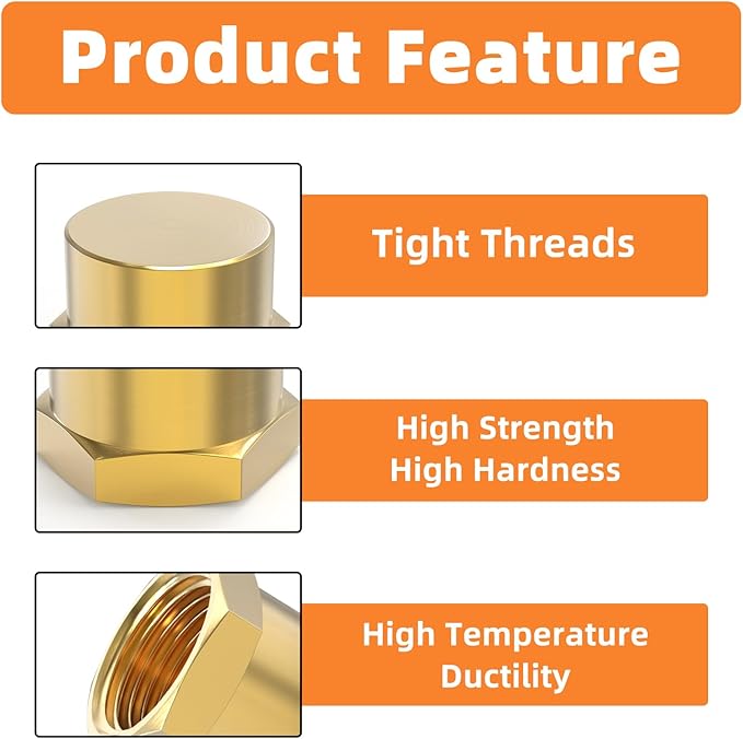 GASHER 1/2"NPT Brass Pipe Cap, NPT Female Thread Socket Pipe End Cap Plugs Fitting 2PCS