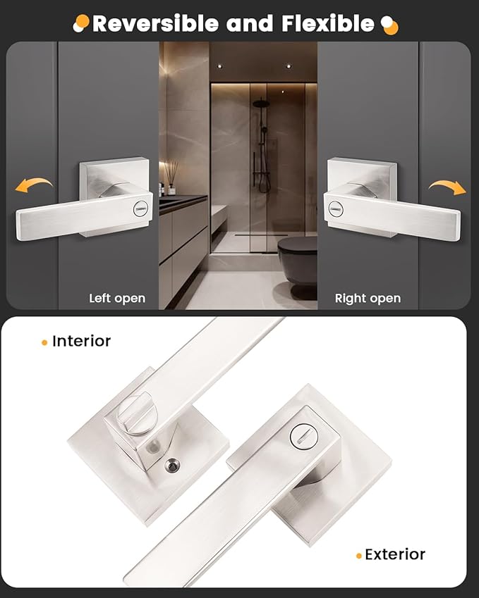 Gobrico Square 3 Pack Satin Nickel Privacy Door Locksets,Square Interior Door Levers for Bed/Bath,Thumb-Turn Button Inside