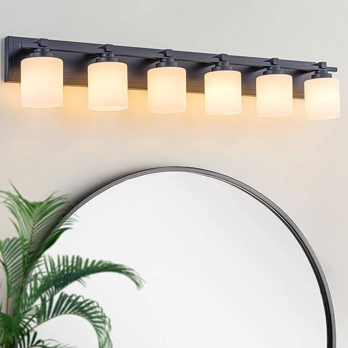 6 Light Modern Bathroom Light Fixtures Over Mirror, Black Vanity Lights for Bathroom Wall Sconces with Milky White Glass Shades, E26 Socket (Bulbs Not Included)