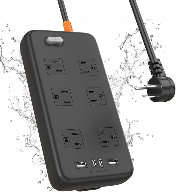 Outdoor Power Strip Weatherproof, KPQ IPX6 Waterproof Surge Protector with 6 Wide Outlets, 2 USB A and 2 USB C, 6FT Heavy Duty Extension Cord for Home, Office, Dorm, Patio, FCC UL Listed
