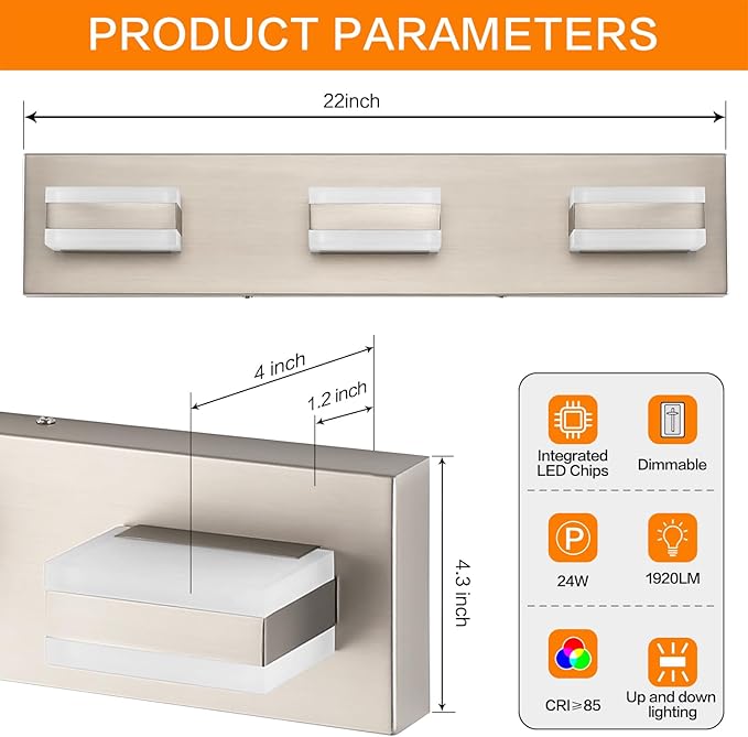 SOLFART Bathroom Vanity Lights Over Mirror Brushed Nickel Bathroom Light Fixture 3 Light Led Lights for Bathrooms Vanity Lights for Bath Nickel