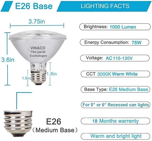 Vinaco Par30 Short Neck, 6pcs PAR30 75W 120V Light Bulbs, Dimmable. Premium Quality for Long Lasting Life, E26 Base, 3000K Warm White, par30 Flood Light Great for Accent Lighting, Tracking Lighting