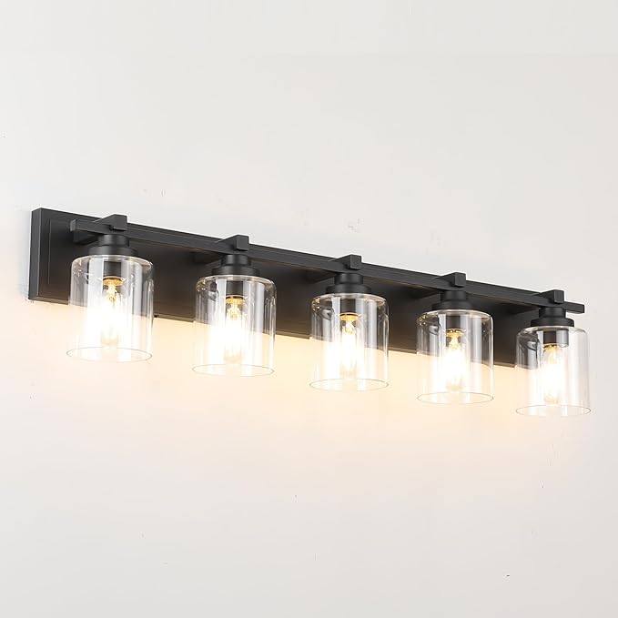 5 Light Modern Bathroom Light Fixtures Over Mirror, Black Vanity Lights for Bathroom Wall Sconces with Clear Glass Shades, E26 Socket (Bulbs Not Included)
