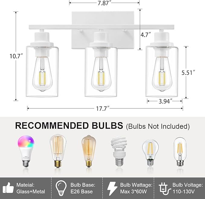3 Light White Bathroom Light Fixtures Vanity Light Over Mirror Modern Wall Lighting Sconces Rustic Industrial Wall Lamp for Bathroom, Bedroom, Living Room E26 Socket with Glass Shade