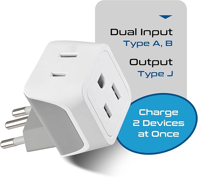 Ceptics Switzerland Travel Adapter Plug with Dual USA Input - Power - Type J (3 Pack) - Ultra Compact - Safe Grounded Perfect for Cell Phones, Laptops, Camera Chargers and More (CT-11A)