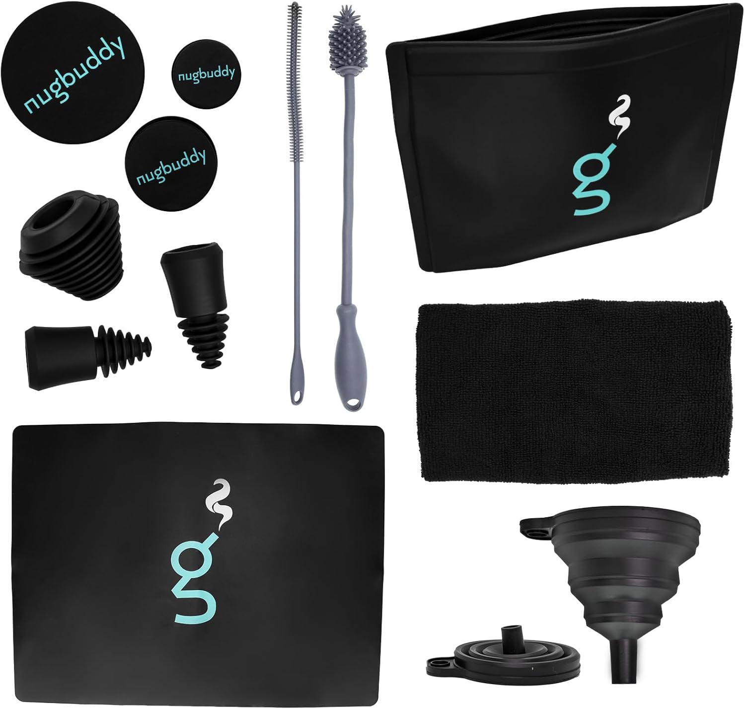Glass Cleaning Kit - Reusable Silicone Accessories - Complete Kit to Clean your Piece, Just Add Cleaner - Reusable Soaker Bag, Brushes, Mat, Caps & Plugs, Funnel, & Microfiber Towel