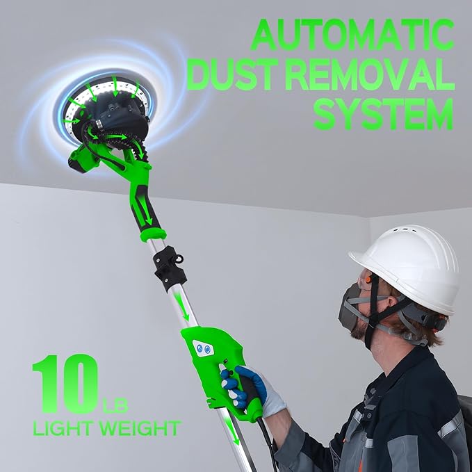 Drywall Sander, 2025 Upgraded 8-Amp Popcorn Ceiling Removal Tool with 7 Variable Speed 800-1800RPM, Drywall Sander with Vacuum Dust Collector with Extendable Handle, LED Light, 12pcs Sanding Discs