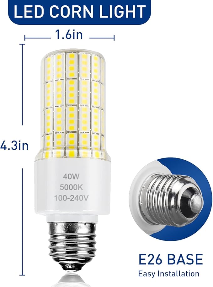 ZP 40W Led Light Bulb 300W Equivalent 5000 Lumen 5000K Daylight White A19 Bulbs, E26/E27 Base Corn Waterproof Lighting for Outdoor IndoorBackyard Flicker Free Pack of 2, Green, Brandcolorsize