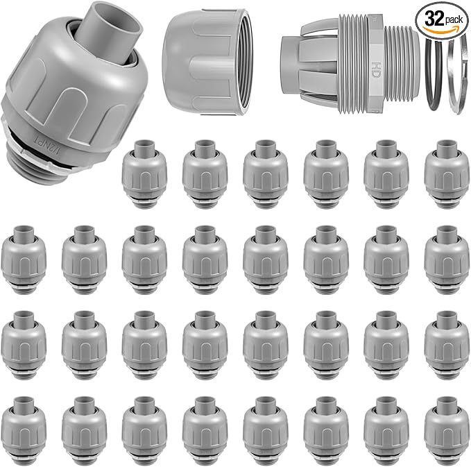 32-Pack 1/2 Inch Liquid Tight Connector NPT Non-Metallic PVC Electrical Flexible Conduit Fittings, UL Listed - 180 Degree Straight, Grey