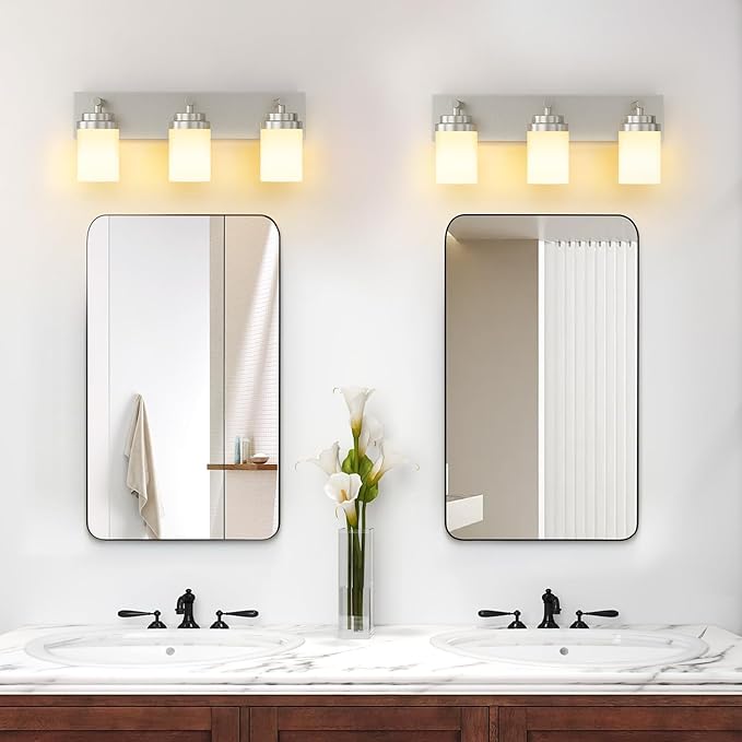 IZORRO Bathroom Vanity Light Fixture, 3-Light 22 Inch Brushed Nickel Bathroom Light Fixtures Over Mirror, with White Glass Shade, Modern Farmhouse Vanity Lights, Rustic Restroom Lighting Fixtures