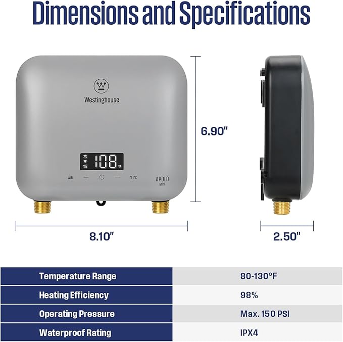Westinghouse 6.5kW 240V Tankless Water Heater Electric,Wi-Fi Enabled, APOLO Mini-6.5k，Instant Hot Water Heater, Gray