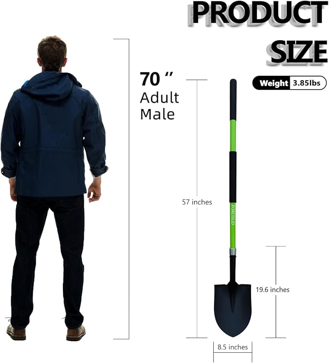 Shovel for Digging, Heavy Duty Gardening Shovel 57 Inch Straight Handle Round Blade with Non-Slip Tail Cover, Lawn and Yard Tools, Fiberglass Handle(Green)