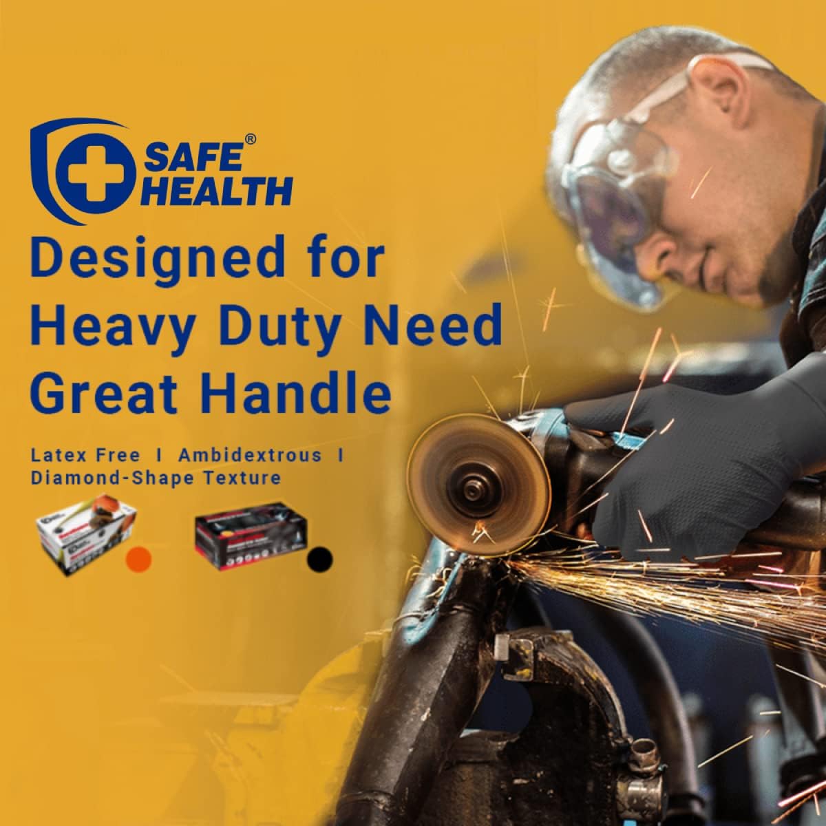Safe Health Nitrile Industrial Disposable Gloves, Black 6 Mil, Orange 8 Mil, Diamond Textured