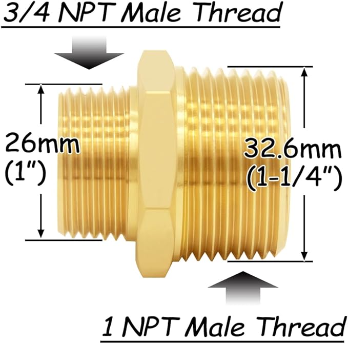 2PCS Brass Reducer Adapter, 3/4" NPT Male to 1" NPT Male Thread, Hex Reducing Pipe Fitting Coupler Nipple Connector for Water/Oil/Gas
