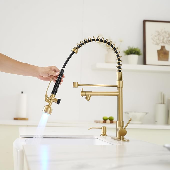 Fapully Commercial Kitchen Faucets with Pull Down Sprayer Brushed Gold LED Single Handle Faucet for Kitchen Sink, Kitchen Faucet with Soap Dispenser and Deck Plack for 4 Hole