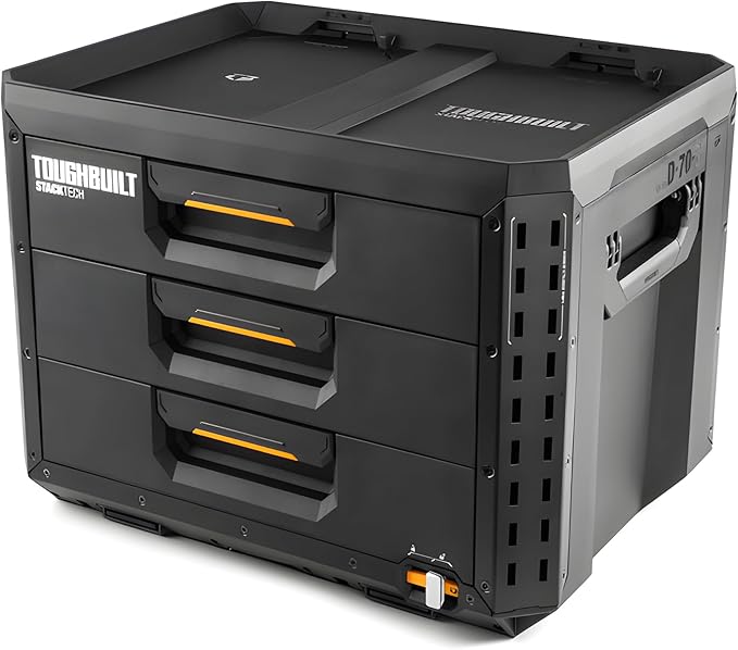 ToughBuilt StackTech XL 3 Drawer Tool Box, Heavy-Duty Portable Tools Chest, 50 lb Capacity - Stackable Toolbox Storage Organizer with 22 Dividers, Auto-Latching Drawers and Accessory Rails