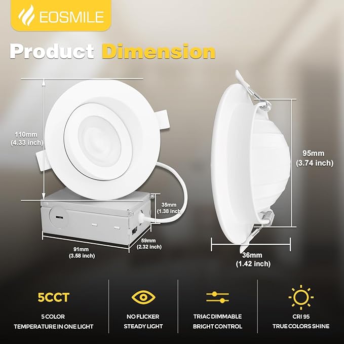 4 Inch 6 Pack Gimbal LED Recessed Lighting, 360°&90°Adjustable Eyeball Directional Wafer Light,Downlight, Dimmable, 12W 1100LM CRI95, White, 2700K 3000K 3500K 4000K 5000K 5CCT, ETL&FCC