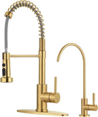 Kitchen Faucet and Water Filter Faucet: Brushed Gold Kitchen Sink Faucet with Drinking Water Faucet - Stainless Steel Single Handle Tap with Pull Down Sprayer for Kitchen Sink Farmhouse Bar