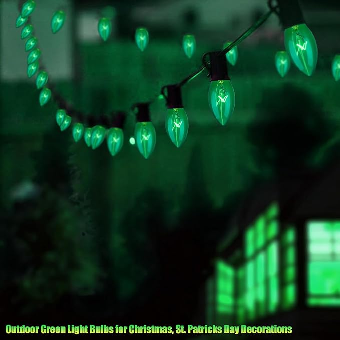 C9 Christmas Light Replacement Bulbs, 25 Pack Clear Green Christmas Light Bulbs, E17 Intermediate Base Bulb for Outdoor String Lights St Patricks Day Xmas Lights, 7Watt
