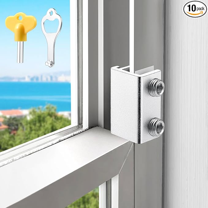 Sliding Window Locks (10 Sets), Secure Window Lock with Key, Window Locks for Up and Down Windows & Horizontal Sliding Windows, Adjustable Window Lock, Sturdy and Durable, Does Not Deform.
