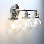 Phansthy 3-Light Wall Sconces Antique Brass Vanity Light, Industrial Wall Lamps with On Off Switch and Clear Glass Lampshade, Vintage Wall Lighting for Bathroom Living Room (Brushed, Globe Shade)