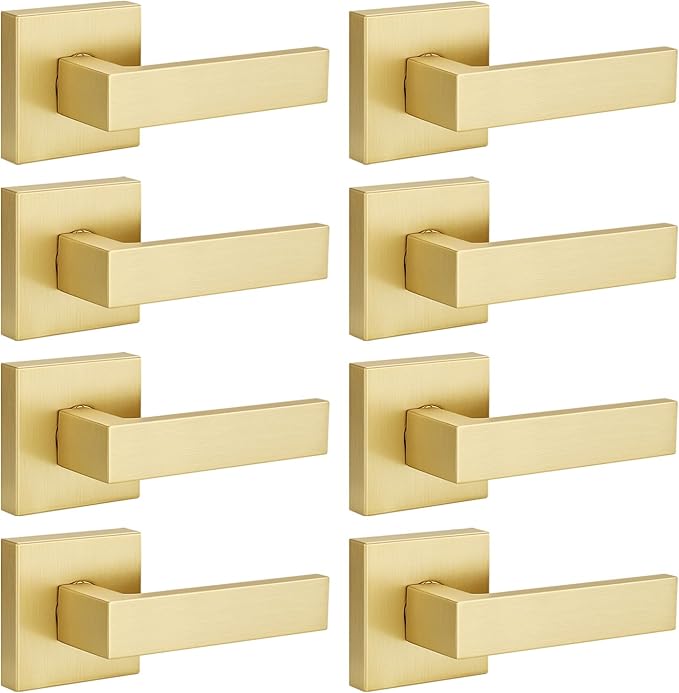 EHOMEWARE 8 Pack Heavy Duty Dummy Door Handle Interior Lever Set, Single Sided Gold Door Knob for Interior Doors, Right/Left Handing