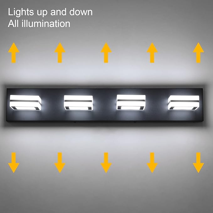 Ralbay Modern LED Bathroom Vanity Lights 4 Lights LED Black Bathoom Wall Lighting Over Mirror Up and Down Acrylic Matte Black Vanity Lights