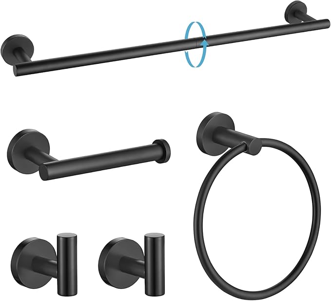 TURS Matte Black Bathroom Hardware Set 5 Piece, SUS304 Stainless Steel Bath Towel Bar Set, 24 Inch Bathroom Accessories Kit Wall Mounted