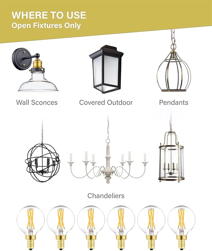 G16.5 E12 Globe Bulbs 6W Dimmable Candelabra Light Bulb 60 watt E12 Round 2700K Warm White Globe Bulb for Chandeliers,Ceiling Fan,Pendant,Wall sconces,AC120V,Clear Glass,600LM,6Pack