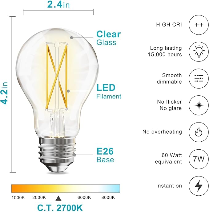 VOLIVO 24 Pack A19 Vintage LED Edison Bulbs, Dimmable, 60W Equivalent, High Brightness 2700K Warm White, 7W E26 Standard Base, CRI80+, 800 Lumens, Clear Glass Filament Bulb for Home, Farmhouse