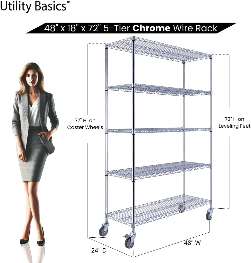 48"x18"x72" Chrome 5-Tier PREMIUM Wire Shelving NSF 4000 LBS MAX CAPACITY Heavy Duty Steel Storage Rack for Warehouses, Garages, Hospitals, Commercial Spaces, & Schools w/PREMIUM WHEELS