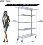 48"x18"x72" Chrome 5-Tier PREMIUM Wire Shelving NSF 4000 LBS MAX CAPACITY Heavy Duty Steel Storage Rack for Warehouses, Garages, Hospitals, Commercial Spaces, & Schools w/PREMIUM WHEELS