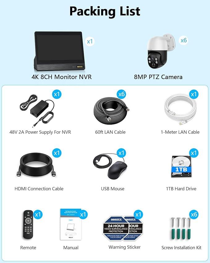 4K & PTZ Digital Zoom 2-Way Audio PoE Outdoor Camera Home Security Camera System Wired Outdoor Video Surveillance IP Camera System DVR Kit,10’’ UHD Monitor