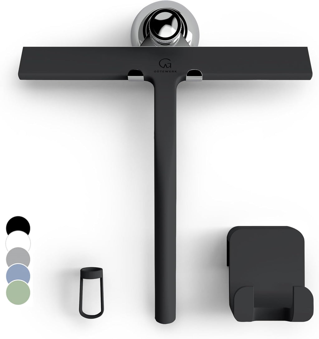 GÜTEWERK Shower Squeegee for Glass Doors, Silicone Window Squeegee, Bathroom and Glass Cleaning - Black - 9 Inch