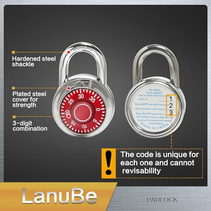LanuBe Standard Dial Combination Lock, 2 in. Wide, with Different Combinations, Red Turnplate, Pack of 48; Lock for School, Employee, Gym Sports Locker, Case, Toolbox, and so on