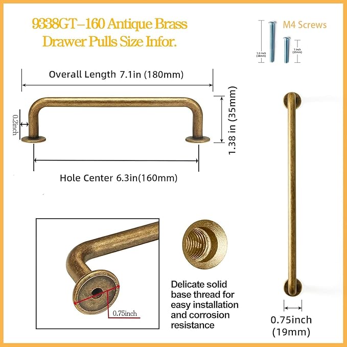 Goo-Ki 6 Pack Antique Brass Cabinet Pulls Drawer Handles, 6.3"(160mm) c-c Vintage Bronze Retro Brass Zinc Alloy Bar Pull Handle Kitchen Hardware for Furniture Cupboard