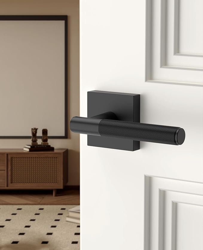 Asidrama 1 Pack Passage Matte Black Door Handles, Door Lever with Door Knobs Indoor for Bedroom or Bathroom, Matte Black Door Handles Interior with Locks for Left Right Sided Doors