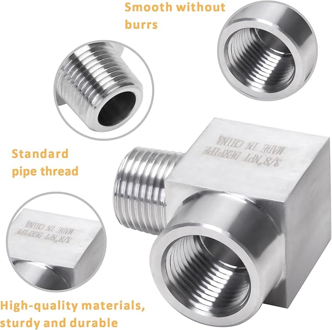 90 Degree Street Elbow - 3/8" NPT Male to 3/8" NPT Female Stainless Steel 304 Heavy Duty Forged Square Barstock Street Elbow Adapter Pipe Fitting (pack of 2)