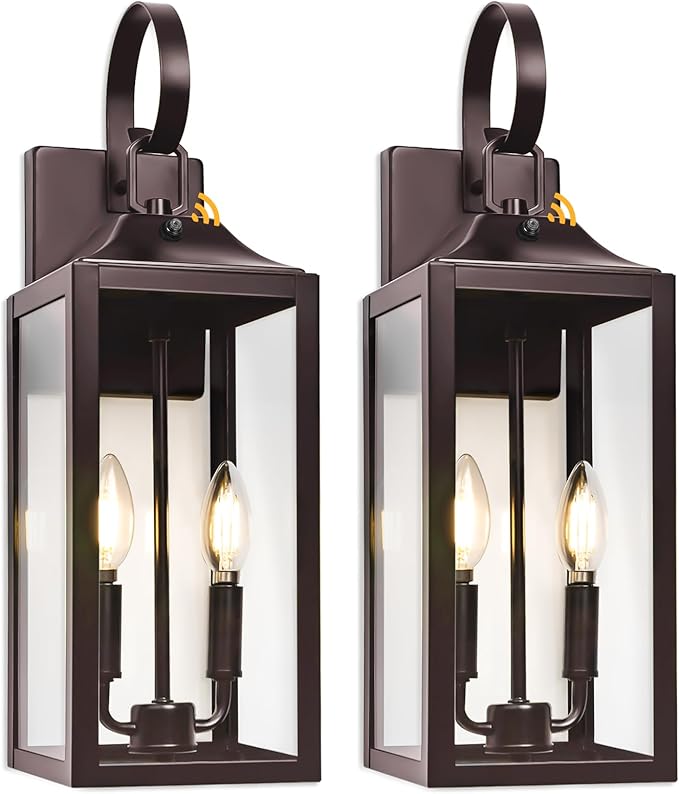 Oil Rubbed Bronze Dusk to Dawn Outdoor Wall Lighting, 19" Large Outside Modern Wall Sconce Lantern, Industrial Porch Light Wall Mount, Waterproof Farmhouse Exterior Lamp 2-Light Brown, 2 Pack