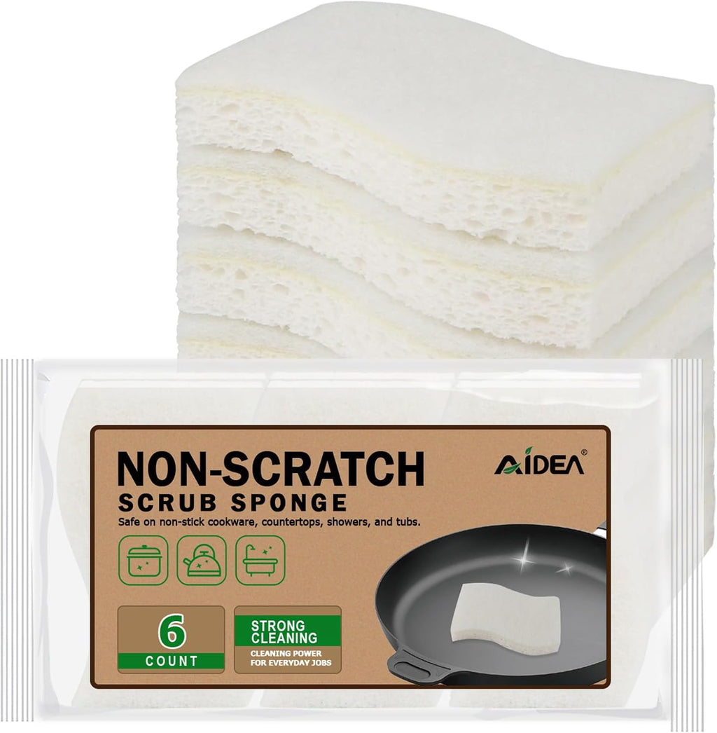 AIDEA Non-Scratch Scrub Sponge-6Count, Sponges Kitchen, Natural Sponge for Non-Stick Cookware, Cellulose Sponges for Dishes, Cleaning Power for Kitchen, Bathroom, Household