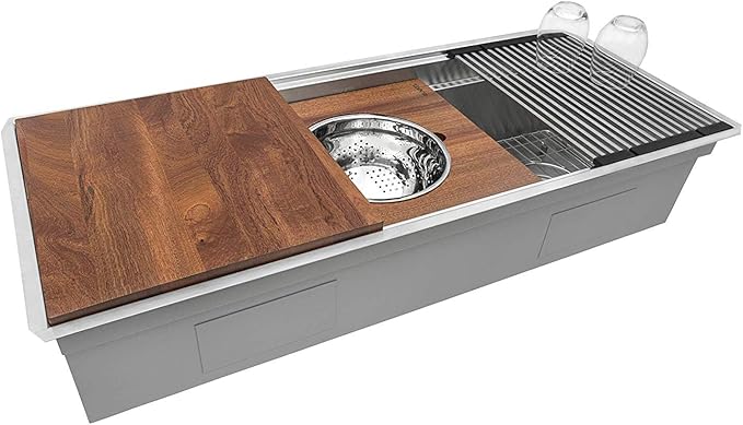 Ruvati 69-inch Undermount Workstation Kitchen Sink – 16 Gauge Stainless Steel Single Bowl with Two-Tiered Ledges & Accessories – RVH8666