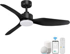 48” Smart Ceiling Fans with LED Lights Remote,Quiet DC Motor,Dimmable,Outdoor Indoor Modern Ceiling Fan Controlled by WIFI Alexa App,3 Black Blades for Bedroom Living Room Patio Porch